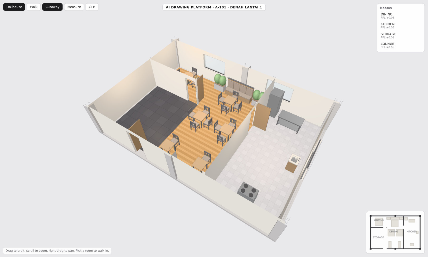 Dollhouse view of the 3D model