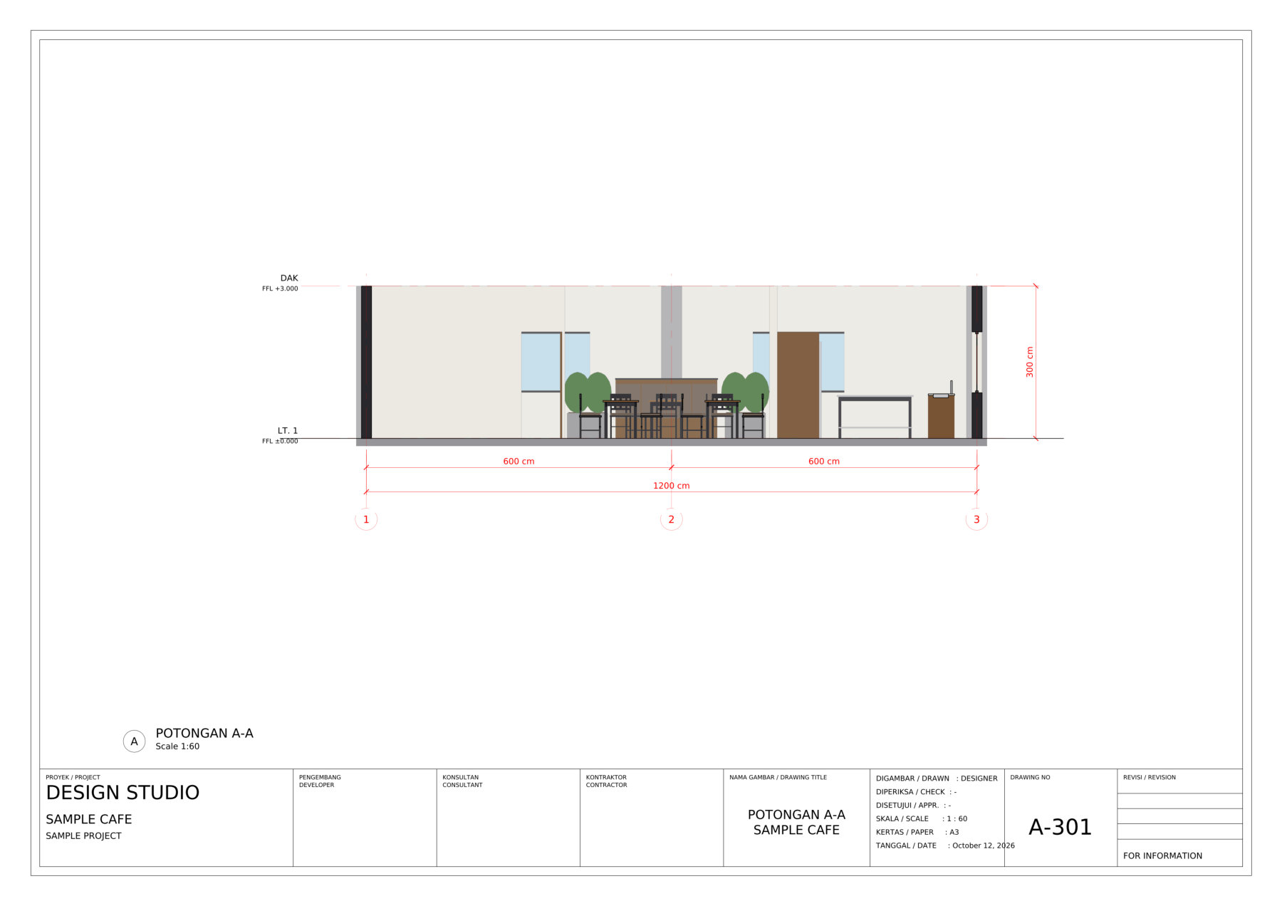 Section A-A cut automatically from the model