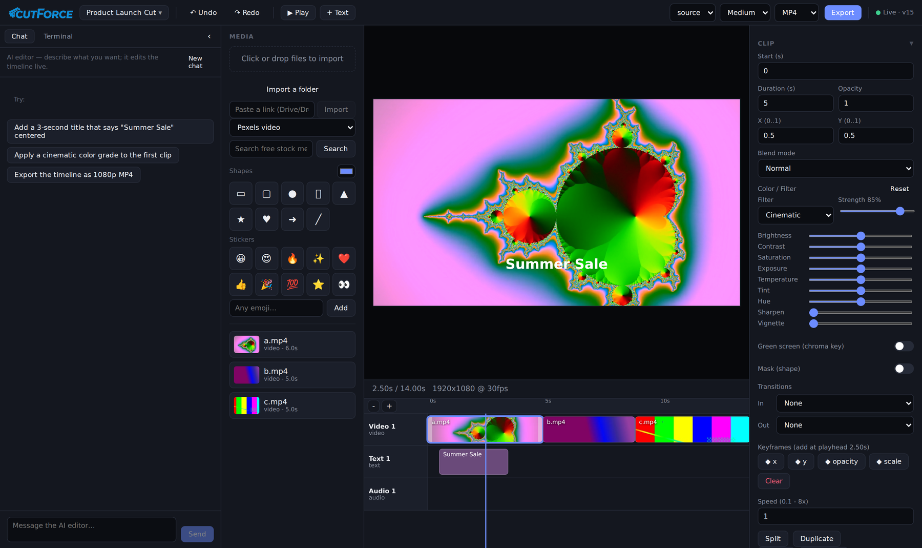 CutForce editor with a graded timeline, rendered title, and the clip inspector