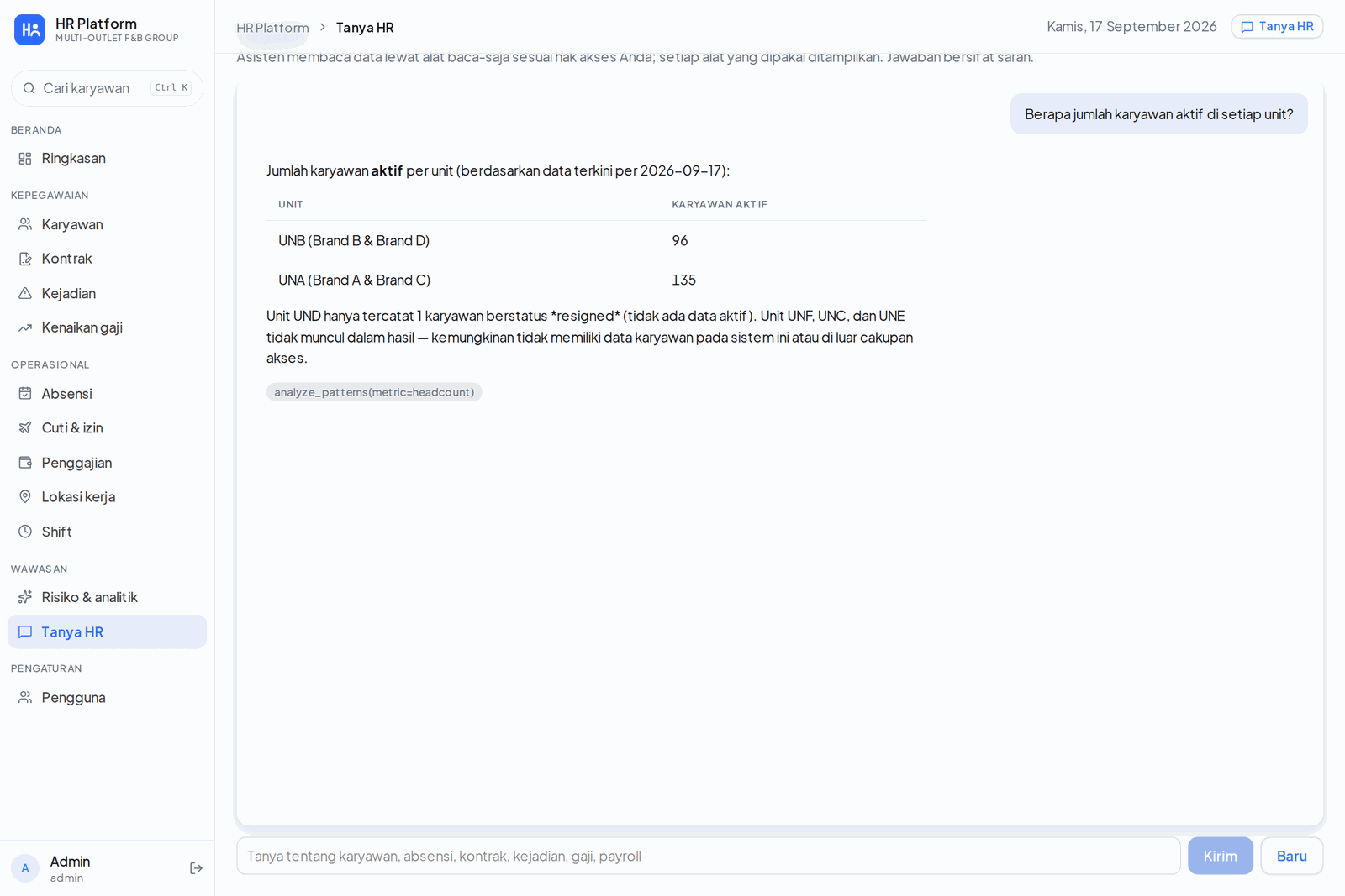 The read-only HR assistant, showing the tool it used