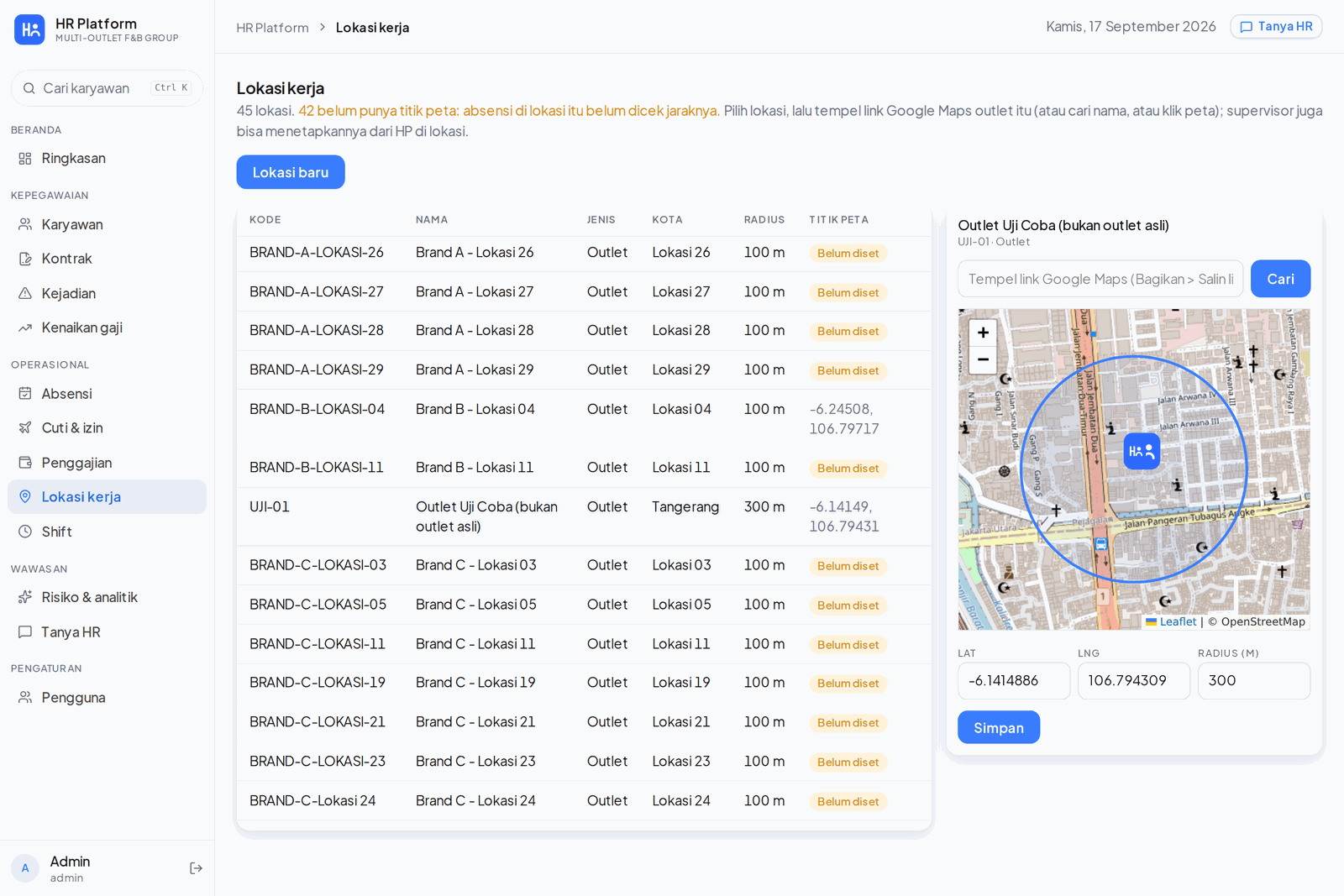 Work sites with the geofence radius on the map