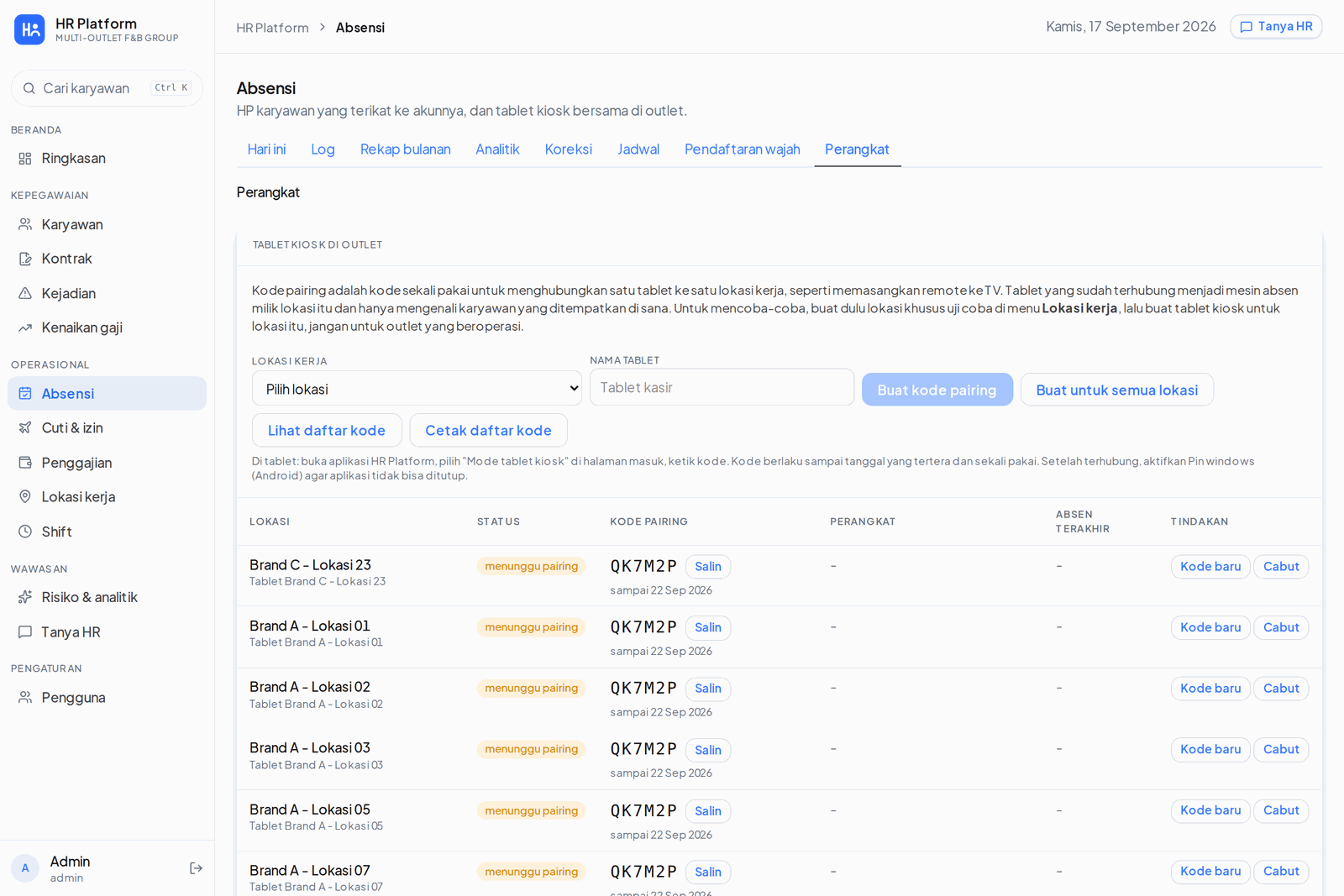 Kiosk device management in the dashboard